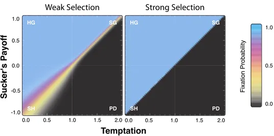 Figure 3.5: Probability of Fixation on well-mixed populations with 100 in- in-dividuals under weak selection left (β = 0.01) and strong selection right (β = 10.0) regimes starting with 50 cooperators for the entire parameter space