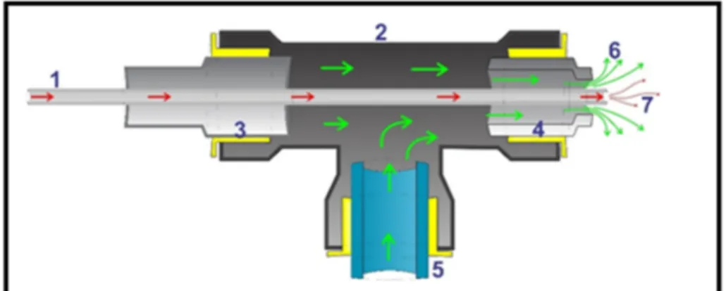 Figura 3. Bico de injeção: (1) Agulha; (2) Conector de gás tipo “T”; (3) Conector tampão; (4) Conector  tampão perfurado para passagem da agulha e gás sob pressão; (5) Mangueira de injeção de gás; (6) Fluxo 