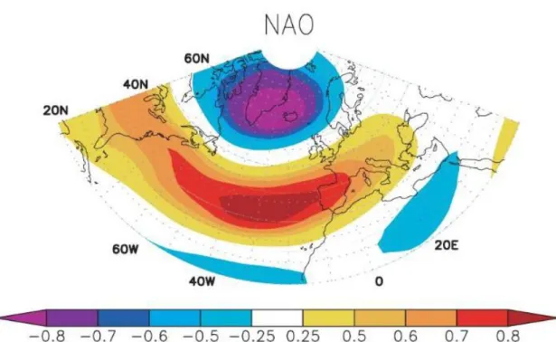 Fig. 2:  Spatial pattern of North Atlantic Oscillation (NAO) computed for December–February within the period 1960–