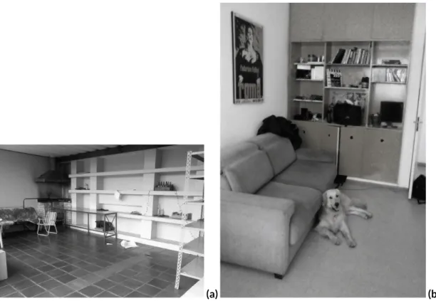 Figura 3. (a) Parte do espaço externo do espaço A. (b) Um cão foi ao trabalho com seu dono no espaço A.