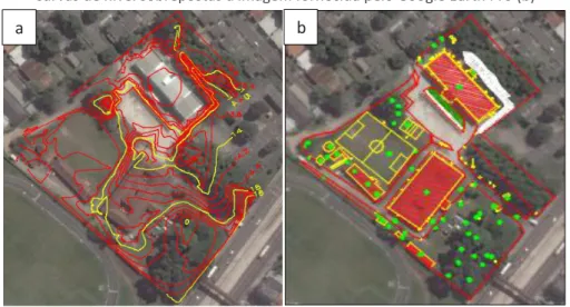 Figura 4 – Visualização dos dados resultantes da Planta planimétrica (a) e Visualização das  curvas de nível sobrepostas a imagem fornecida pelo Google Earth Pro (b) 