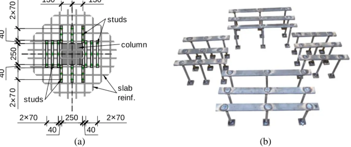 Figure 1. Shear reinforcement of specimen C-SSR3. (a) Layout. (b) Photo of the complete set of studs 