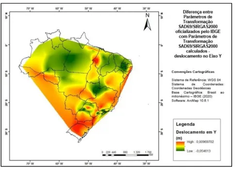 Figura 5 – Diferença entre Parâmetros de Transformação SAD69/SIRGAS2000 oficializados  pelo IBGE com Parâmetros de Transformação SAD69/SIRGAS2000 calculados - 