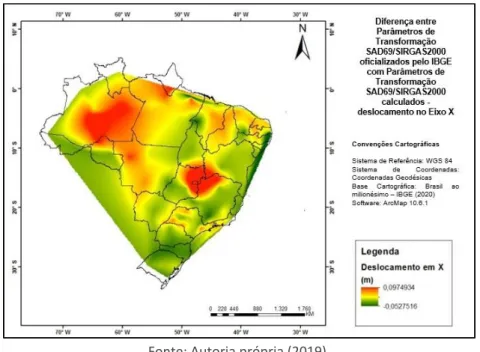 Figura 4 – Diferença entre Parâmetros de Transformação SAD69/SIRGAS2000 oficializados  pelo IBGE com Parâmetros de Transformação SAD69/SIRGAS2000 calculados - 