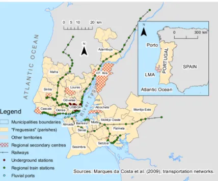 Figure 1:  Lisbon Metropolitan Area and transit lines.