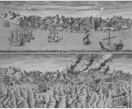Fig. 48 – Gravura bipartida. Gravura superior com vista da cidade de Lisboa antes do terramoto