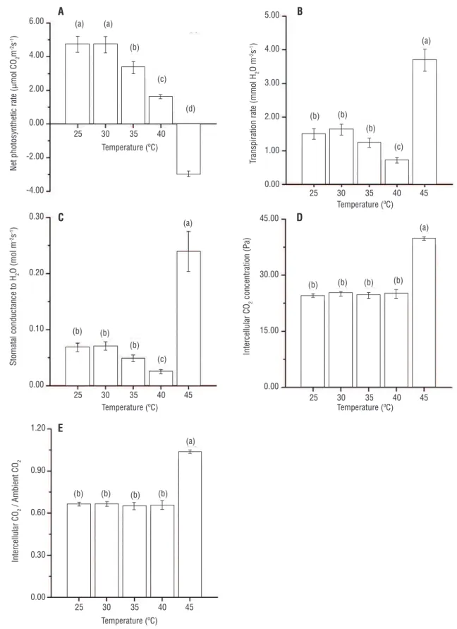 Figure 5. Variations in net photosynthetic rate, A, μmol m -2  s -1  (A); transpiration rate, E, mmol H 2 O m -2  s -1  (B); stomatal conductance to H 2 O,  gs, mol m -2  s -1  (C); intercellular CO 2  concentration, Ci, (Pa) (D) and intercellular CO 2 / a