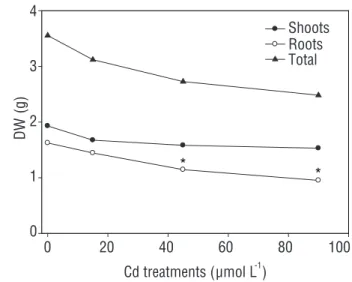 Figure 1. Shoot, root, and total dry weight (DW) of 60-day-old  Pfaffia glomerata plants cultivated during 20 days in nutritive  solution containing 0, 15, 45, and 90 µmol Cd L -1 