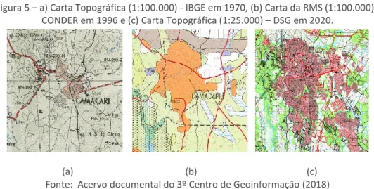 Figura 5 – a) Carta Topográfica (1:100.000) - IBGE em 1970, (b) Carta da RMS (1:100.000) -  CONDER em 1996 e (c) Carta Topográfica (1:25.000) – DSG em 2020