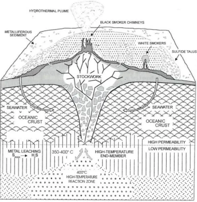 Figure 1.1 - Surface features and internal structures of an active hydrothermal mound and stockwork complex  at an oceanic spreading centre (Schulz and Zabel, 2000)