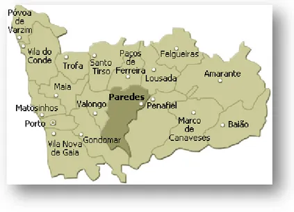 Ilustração 10 - Mapa do Distrito do Porto com o Concelho – Paredes. Extraído no site: 