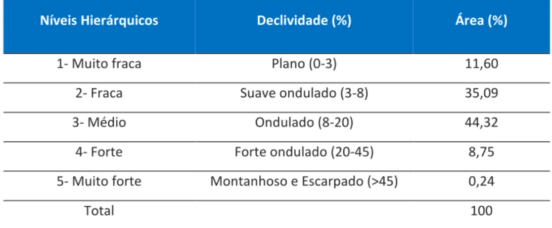 Tabela 1 – Classes e níveis hierárquicos da variável declividade 