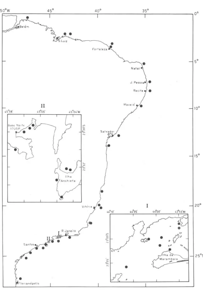 Fig.  1  - Geographical  distribution  of  Rocinela  signata  Schiodte  &amp;  Meinert,  along  Brazil,  based  on  published  and  present  original  data