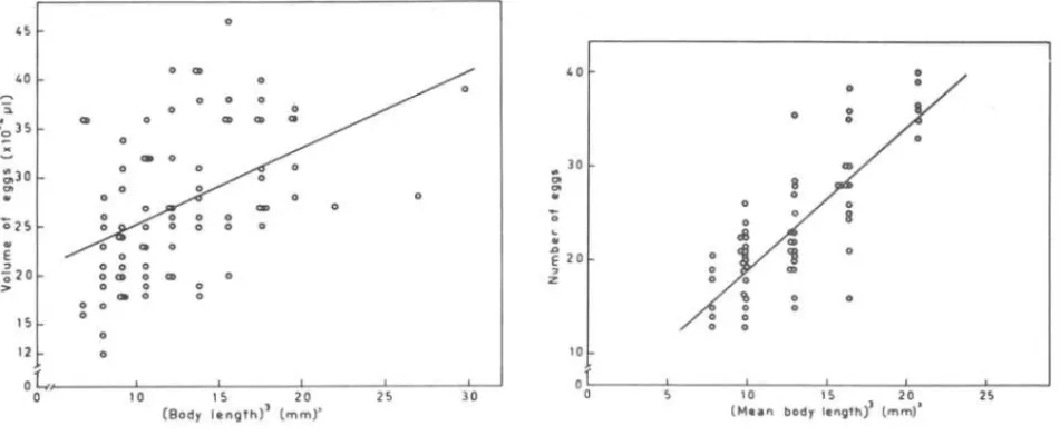 Figa  8-9  - Volume  (Fig.  8)  and  number  (Fig.  9)  in  lation  to  the  body  volumes  of  incubating  is  derived  by  linear  regression