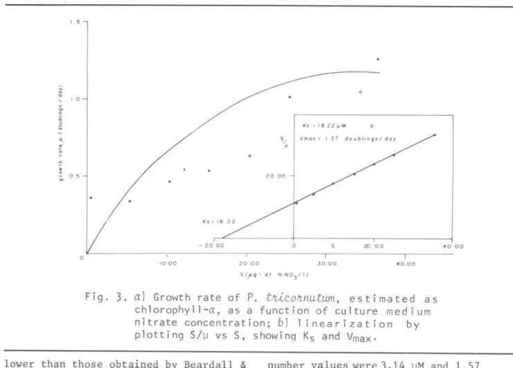 Fig.  3.  a)  Growth  rate  of  P.  búC.OfLf1u:twn,  estimated  as  chlorophyll-a,  as  a  function  of  culture  medium  nitrate  concentration;  b)  1 inearization  by  plotting  S/~  vs  S,  showing  Ks  and  Vmax 