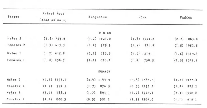 Table  I.  Mean  values  of  Hyale  media  day)  in  winter  and  summer. 