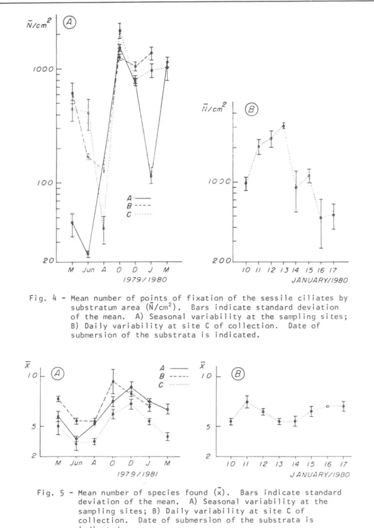 Fig.  4  - Mean  number  of  points  of  fixation  of  the  sessi1e  ci1iates  by  substratum  area  (N/cm 2 )
