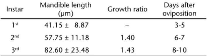 Table I. Mandible length, growth ratio and days of development after oviposition of C