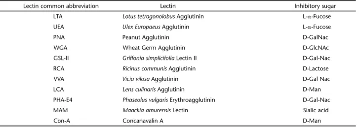 Table I. Biotinilated lectins and their respective inhibitory sugars.