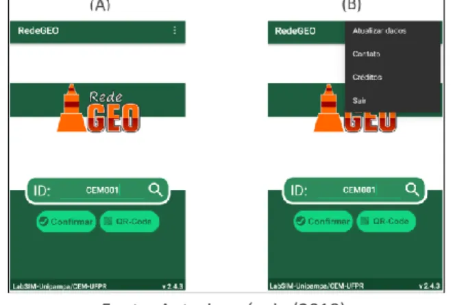 Figura 7 – Tela inicial do aplicativo (à esquerda) e suas opções internas (à direita) 