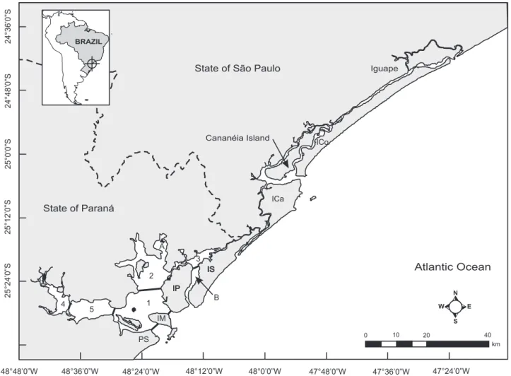 Figure 1. The Lagamar estuary, from Iguape, São Paulo State, to Pontal do Sul (PS), Paraná State, and the Paranaguá Estuarine Complex.