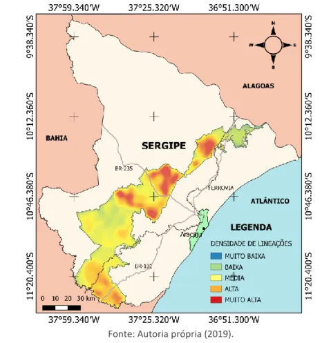 Figura 3 - Mapa de densidade de lineações de relevo e drenagem pelo método de Kernel 