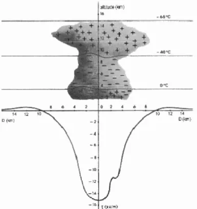 Figura 2.2 -  Nuvem cúmulo-nimbo e campo eléctrico que ela provoca no solo [5] 