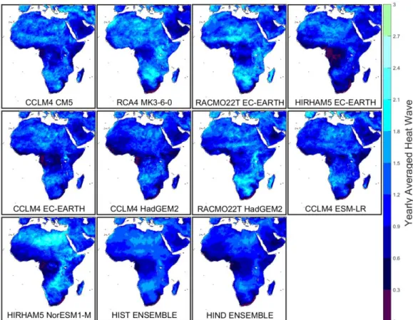 Fig 4.13. Yearly average number of heat waves for the Historic (1971-2000).  Hindcast (1990-2008) ensemble is also shown