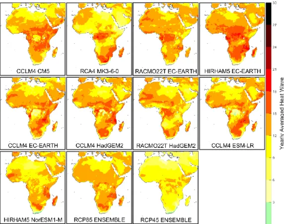 Fig 5.13. Yearly average number of heat waves for the RCP8.5 (2071-2100).  RCP4.5 (2070-2100) ensemble is also shown