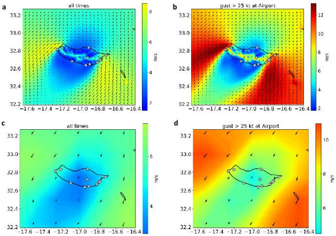 Figure 3.1 shows the mean 10-m wind and 10-m wind speed fields in the Madeira region, as represented  by the 1-km resolution WRF simulation and by ERA5, for the months of JJAS, over the period  2009-2017