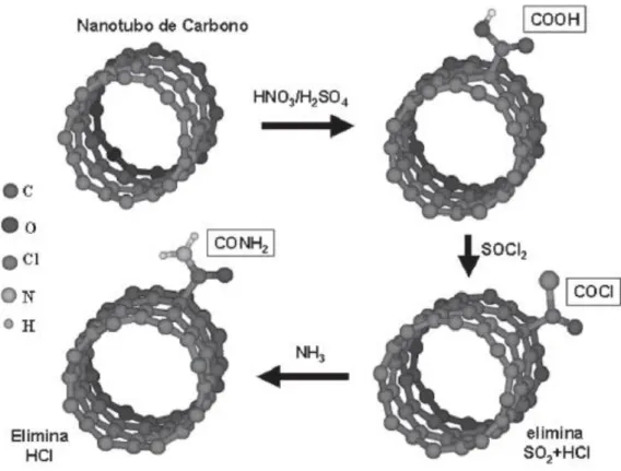Figura 4: Rota química usada para anexar grupos COOH em nanotubos 38 . 
