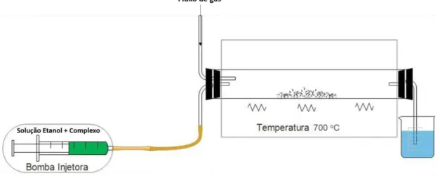 Figura 11: Esquema da síntese dos nanomateriais, pelo processo 2, no forno tubular por CVD para produção  dos FC.