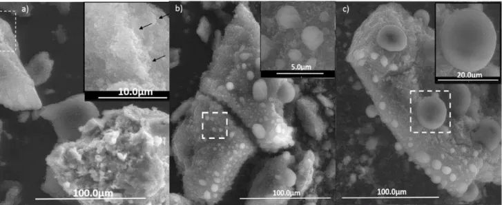 Figura 15: Imagens de microscopia eletrônica de varredura das amostras a) FeMgO, b) NiMgO e c) CoMgO.