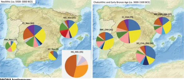 Figure 2.  MtDNA haplogroup composition of the prehistoric Iberian groups. Abbreviations: Hunter- Hunter-gatherers in Europe from the Holocene (HG_HOL), northeast Iberian Neolithic (NEI_Neo), northeast  Iberian Chalcolithic and Early Bronze Age (NEI_CHA_EB