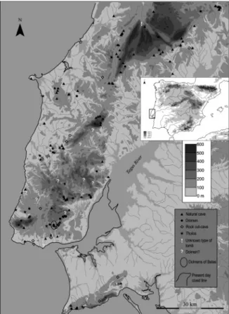 Fig. 2. The geology of Belas area and the megalithic  tombs: 1. Pedra dos Mouros; 2. Estria; 3