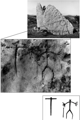 Fig. 5. Engravings on slab ‘C’ at the dolmen of Pedra  dos Mouros (Belas, Portugal). Photos by G