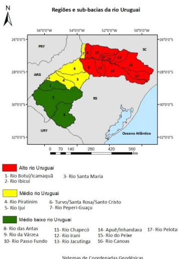 Figura 2 - Regiões da bacia do Rio Uruguai associadas ao relevo regional e seus afluentes  principais 
