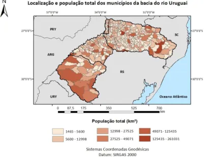 Figura 3 – Localização e população total dos municípios da bacia do rio Uruguai conforme  IBGE (2010) 