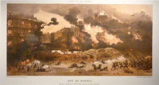 Fig. 5.: Incêndios na Rue de Rivoli, 24 de maio de 1871, por Léon Sabatier e Albert Adam para Paris e suas  ruínas, publicada em 1873 na Bibliothèque historique de la Ville de Paris 