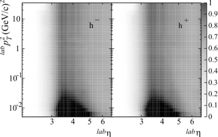 Fig. 3: Hadron acceptances A h − and A h + determined with the Monte Carlo simulation for Q 2 > 1 (GeV/c) 2 as a function of lab p T and lab η for negative hadrons h − (left) and positive hadrons h + (right).