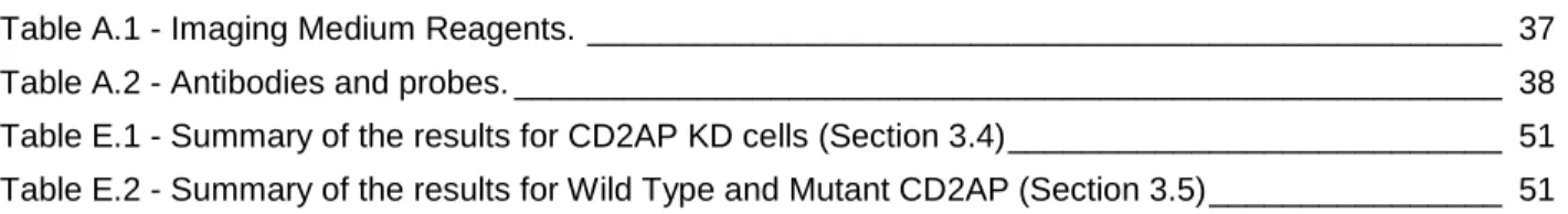 Table A.1 - Imaging Medium Reagents. __________________________________________________  37 Table A.2 - Antibodies and probes