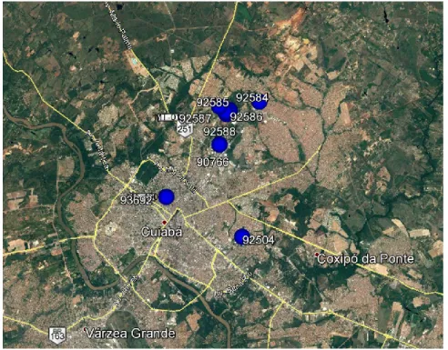 Figura 3 - Distribuição das Estações GPS-SAT (pontos azuis) na área urbana da cidade de  Cuiabá-MT 