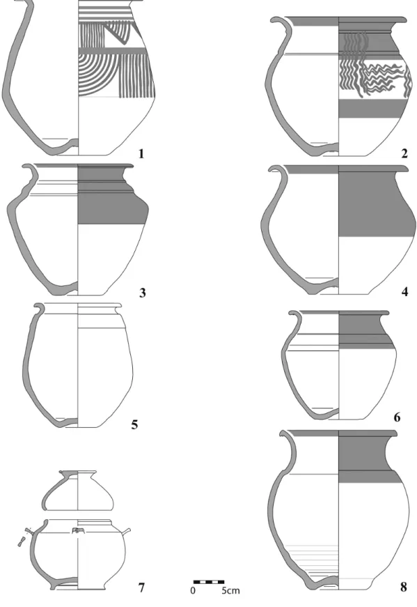 Fig. 3. Late Iron Age urns from the  osm : 1-6) biconic urns of ‘Turdetanian’ tradition; 7) hermetic-seal urn; 8) high-necked urn.