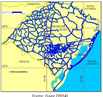 Figura 4 – Distribuição dos pontos gravimétricos no estado do Rio Grande do Sul obtidos  por medidas de campo 
