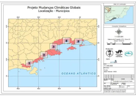 Figura 1 – Localização dos mapeamentos executados nos municípios de  Caraguatatuba [1], Ubatuba [2], Paraty [3], Angra dos Reis [4] e Mangaratiba [5]