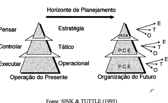 Figura 4.1- Transição da Organização do Presente para a Organização do  Futuro  Horizonte de Planejamento  Pensar  Estratégia  Controlar  Tático  Executar  Operação do Presente  &lt;&#34;  ·' 