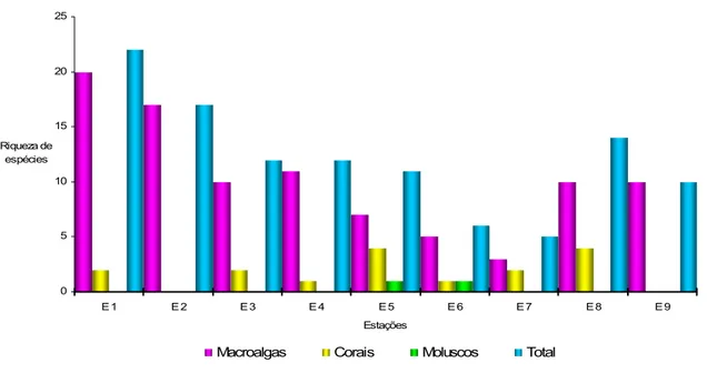Figura 5. Riqueza de espécies de macroalgas, corais e moluscos nas estações de coleta