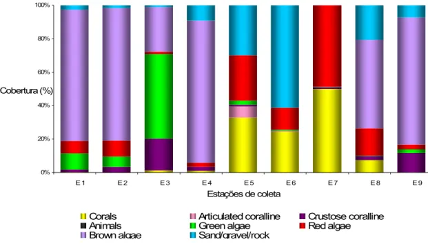 Figura 7. Cobertura percentual bentônica das categorias gerais analisadas nas estações de  coleta