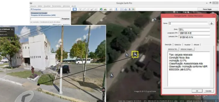 Figura 5 – Distribuição espacial dos elementos físicos para acessibilidade no programa Google Earth Pro e Street View  5