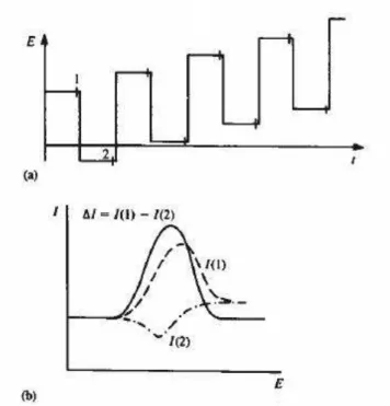 Figura 2.9 - Voltametria onda quadrada. a) Potencial aplicado na entrada; b) Traçado i-E [2] 